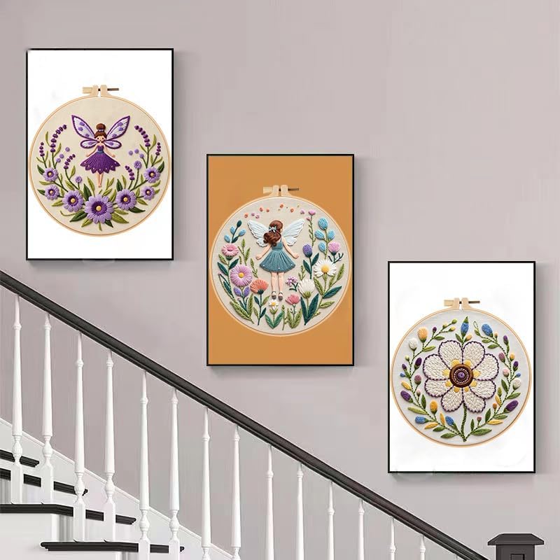 Konrisa Embroidery Kits for Adults, 3pcs Elf Flower Fairy Floral Embroidery Starter Kit DIY Sewing Practice with Hoop,Needlepoint Cross Stitch Kit