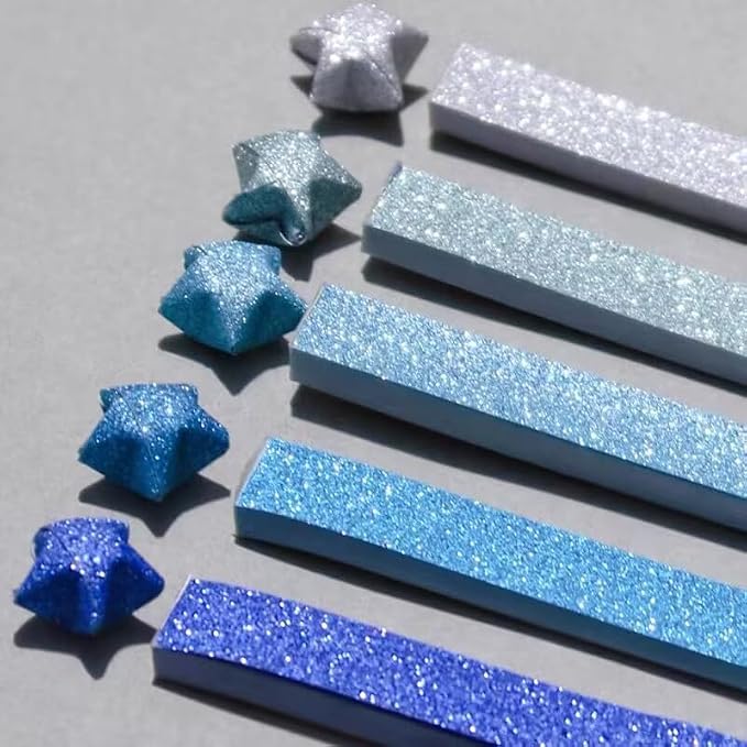 Origami Stars, Sparkling Origami, Star Colored Origami Strips, DIY Handmade Craft Paper (520 sheets of blue gradient glitter)