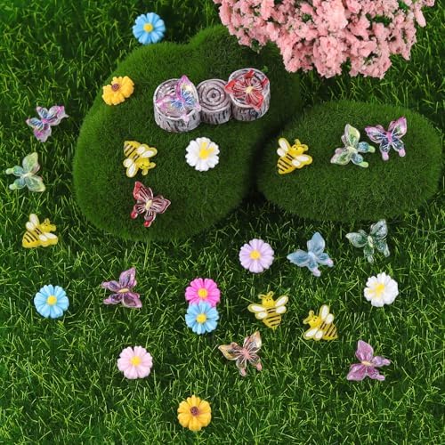Anboor 250Pcs Mini Resin Butterflies Bees Flowers for Crafts Miniature Resin Animals for Fairy Garden Dollhouse Micro Landscaping