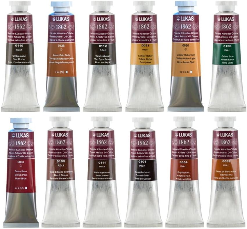 Lukas 1862 Professional Artist Oil Paint - Earth Tones, 37 mL - Set of 12 - Outstanding Lightfastness, Non-Yellowing, with Beeswax for Smooth, Buttery Texture, Consistent Hue for Professional Artists