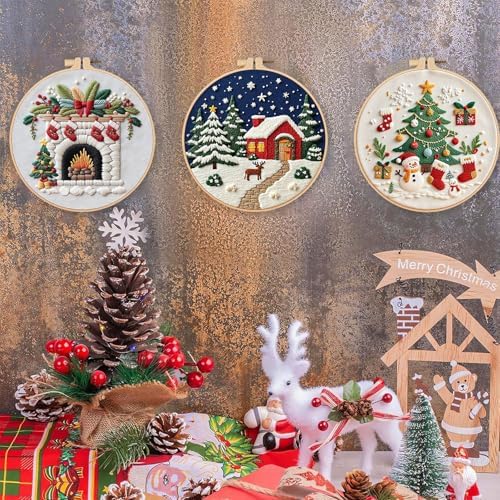 LB Christmas Embroidery Kit for Beginners Adults, 3 Sets Hand Embroidery Starter Kit with Fireplace Pattern and Instructions Stamped Cross Stitch Kits Include Embroidery Hoop Needles Threads Scissors