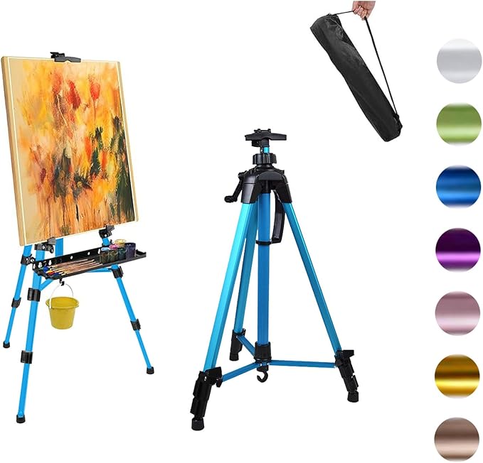 Easel for Painting, Portable & Foldable Easels Stand, Height-Adjustable 22'' to 62'', Equipped with Tray, Water Bucket Hook, Spirit Level, Compass & Carrying Bag for Art Display,Travel - Blue