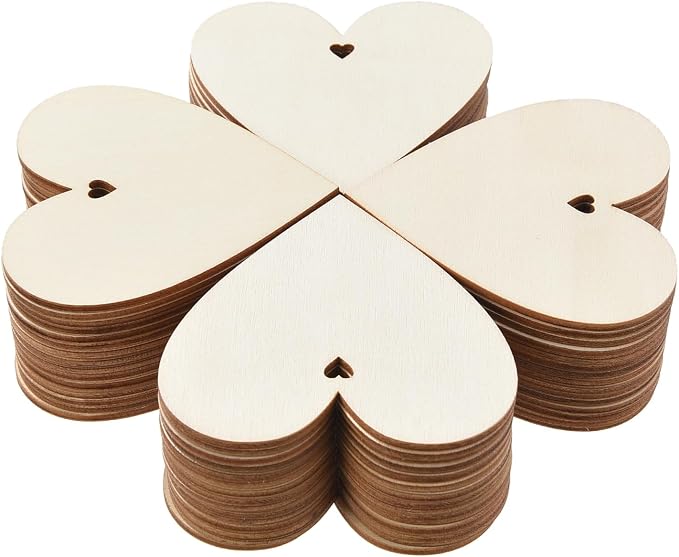 60PCS Unfinished Wood Heart Shape Cutouts with Sling Hole