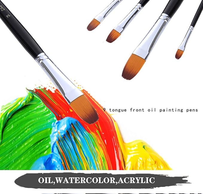 Artist Paint Brushes Set,9 Pcs Professional Filbert Brushes for Acrylic Oil Watercolor Gouache Painting Kits with Long Handle Nylon Hair Black
