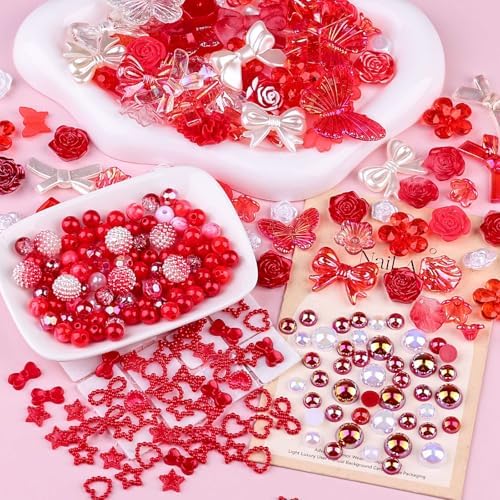 350 Pieces 3D Resin ABS Colorful Rose Flower Bows Butterfly Charms with Flatback Half Round Pearl Beads for Bracelet Earring Necklace Craft DIY Making Supplies