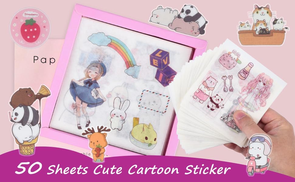 Cute Washi Paper Boxed Stickers Set 50 Sheets - Aesthetic Decorative Sticker for Scrapbooking, Kid DIY Arts Crafts, Album, Bullet Journaling, Junk Journal, Planners, Calendars and Notebook