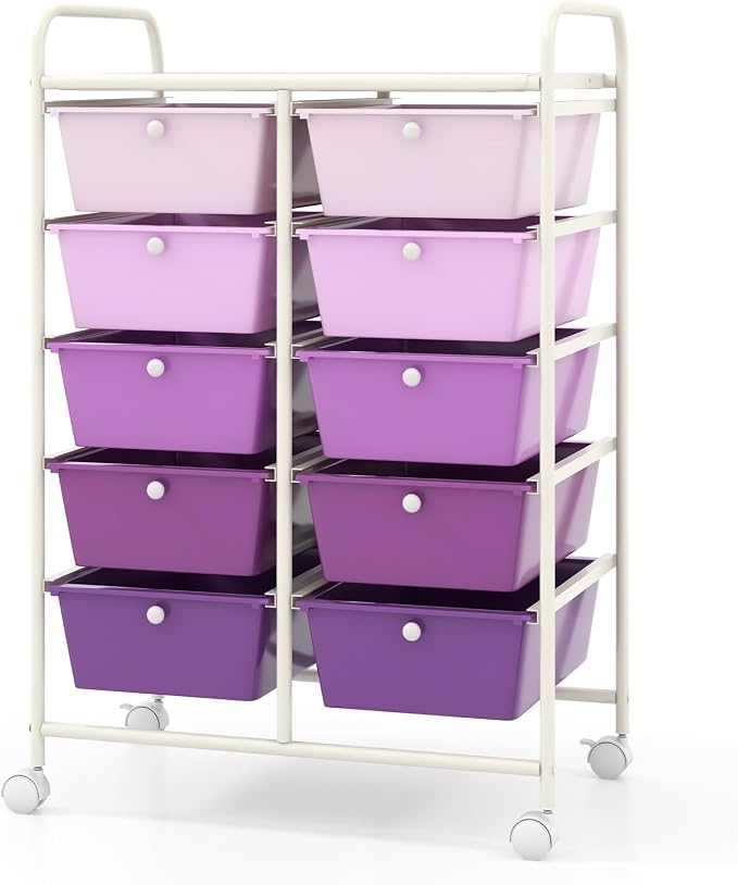 Giantex 10 Drawers Rolling Cart, Classroom Organizers, Storage Cart with Wheels, for Teacher Office Home School Supplies Tool Craft Art Paper, Purple Gradient