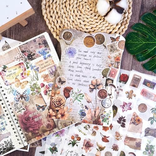 Vintage Cottagecore Stickers Set - 38 Sheets Retro Floral, Botanical Animal Washi Stickers & Writing Antique Scrapbook Paper for Journaling, Crafting, Art Projects