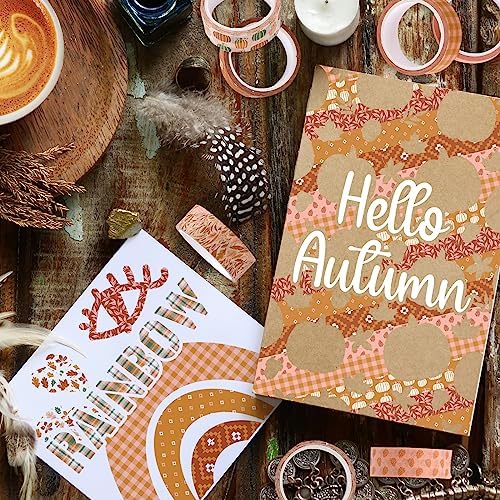 Whaline 12 Rolls Fall Pumpkin Washi Tape Autumn Leaves Boho Washi Masking Tape Thanksgiving Pumpkin Maple Leaf Print Decorative Craft Tapes for Fall Scrapbook Gift Wrapping DIY Art Crafts, 16.4Ft