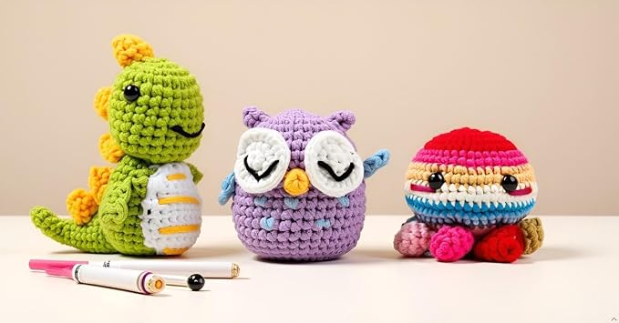 Crochet Kit for Beginners, Crochet Animal Kit with Video Tutorials & Soft Yarn, Craft Kits for Teens & Adults: Penguin, Dinosaur & Octopus Amigurumi Crochet Kit, Easy Knitting Kit, Crafts Crochet Kits