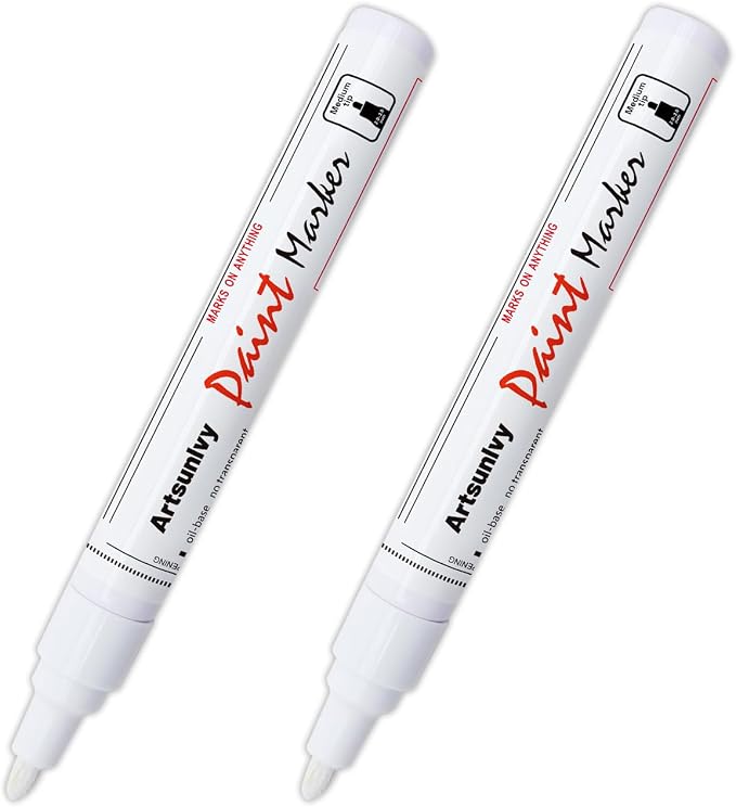 Artsunlvy White Paint Pens marking pens Permanent Markers - 2 Pack Oil Based Waterproof Markers for Tire, Rubber,Wood, Rocks, Metal, Canvas,Plastic, Dark Surface,Craft office Supplies,Medium Point