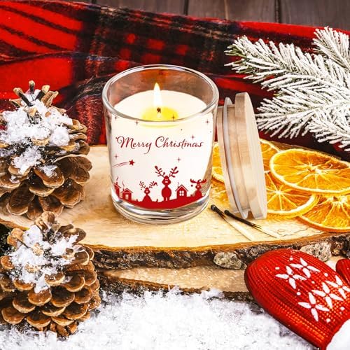 Ziliny 10 Pcs Christmas Glass Candle Jars Empty Containers Bulk 7 oz Glass Jars with Cork Lids Tins for Candle Making Storing Biscuits Tea Party Favors(Christmas)
