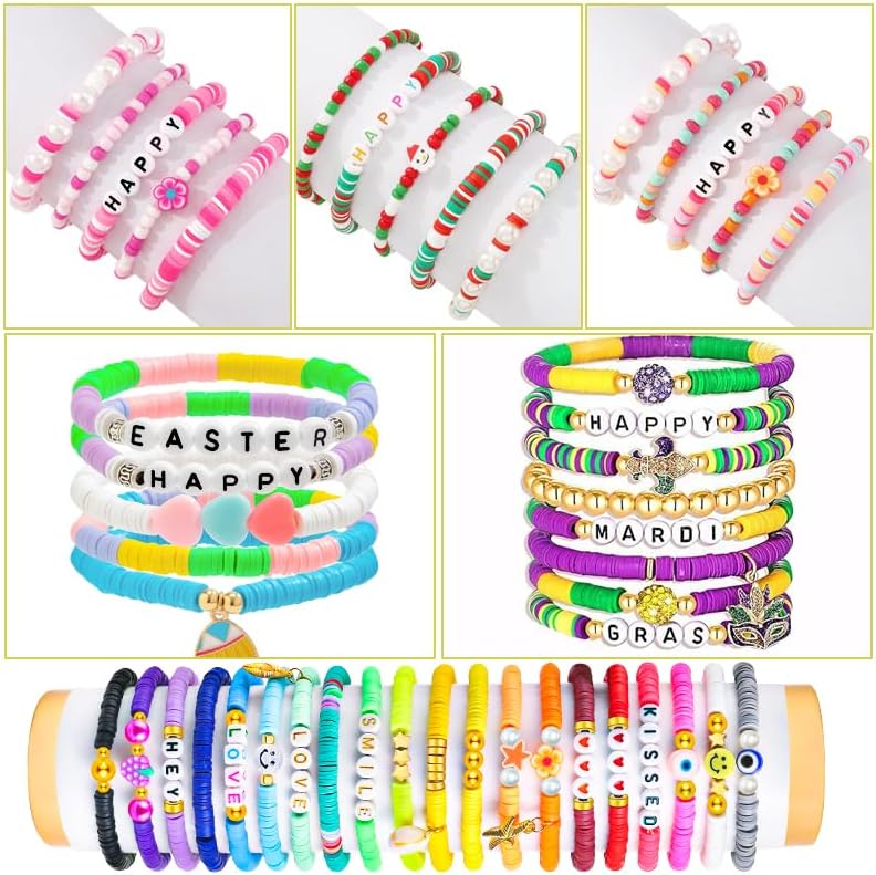 JMUQ Green Clay Beads Bracelet Making Kit, 50 Strands 19260pcs Preppy Polymer Clay Heishi and Letter Beads for Friendship Bracelet Jewelry Making, Arts and Crafts Gifts for Adults