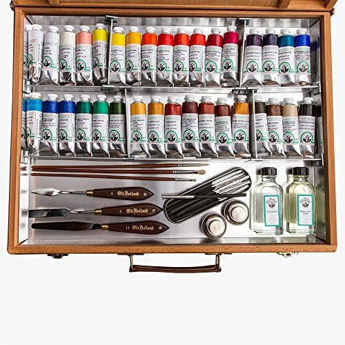 Old Holland Master's Oil Paint Set with Wood Storage Box & Palette, Cups, Knives, Paint Brushes, Mediums- 34 x 40ml Tubes of Classic Oil Colour Paint
