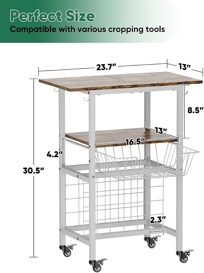 Queension Craft Cart with Wheels for Cricut Machines, Craft Organization and Storage Stand with Basket, Cutting Machine Stand for Cricut Accessories, Vinyl Roll Organizer, White