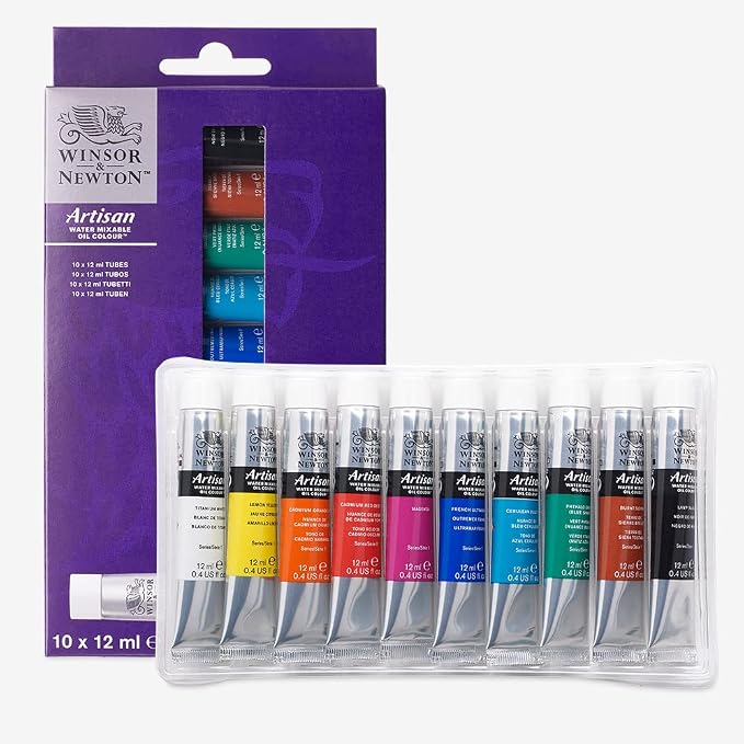 Winsor & Newton Artisan Water Mixable Oil Paint Set, 10 x 12ml Tubes | Clean with water; no solvents needed. Color depth, lightfastness, opacity/transparency are the same as traditional oils.