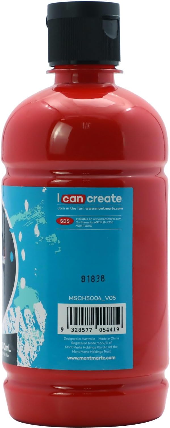 Mont Marte Signature Brilliant Red Acrylic Paint, 16.9oz (500ml), Semi-Matte Finish, Suitable for Canvas, Wood, Fabric, Leather, Cardboard, Paper, MDF and Crafts