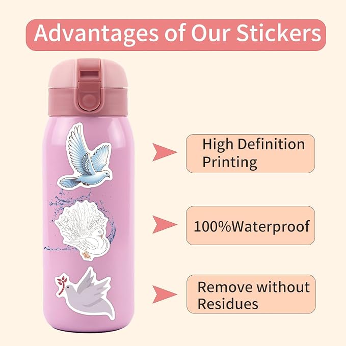55PCS White Dove Stickers, Waterproof Vinyl Decals, Peace Bird Stickers for Water Bottles, Laptops, Scrapbooking (Dove)