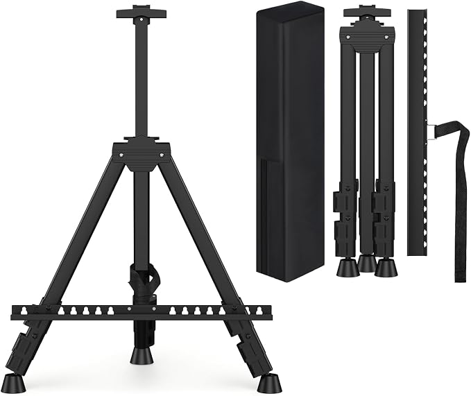 Art Painting Tripod Easel Stand - Portable Adjustable Display Artist Easel | Black Metal Stand with 1 Bag for Tabletop/Floor Painting, Height from 17 to 66 inches, Sturdy for Drawing, Displaying