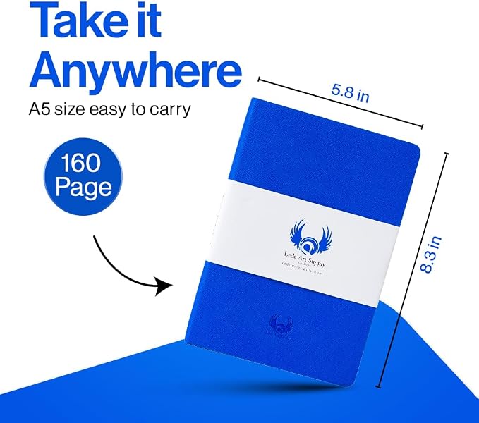 Leda Art Lay-Flat Sketchbook for Drawing, Artist A5, 160 Pages, Blue | Smooth cream paper takes pencil, ink, charcoal, light watercolor,thread-sewn binding,elastic strap,back pocket (5.8 x 8.3 in)