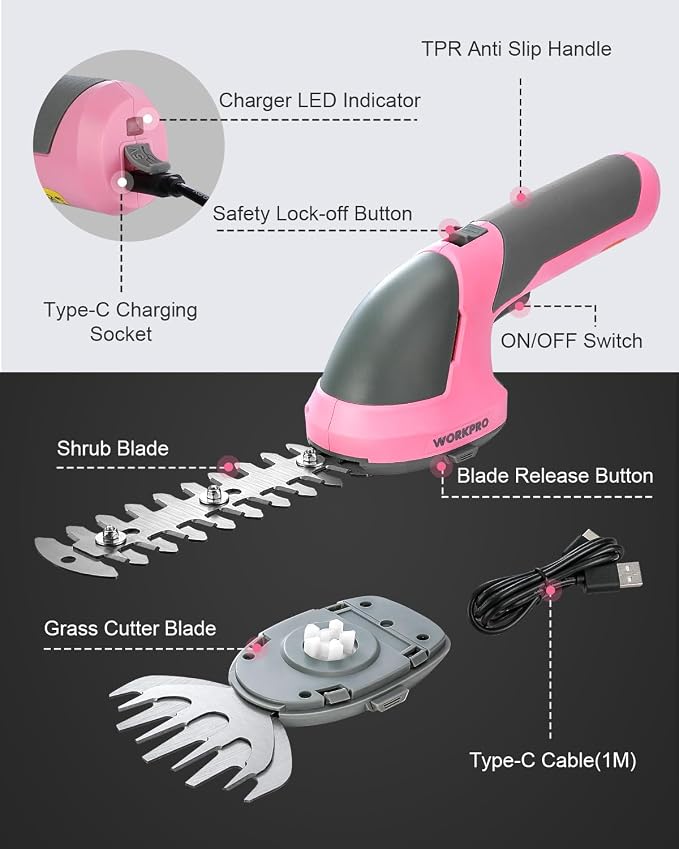 WORKPRO 7.2V Cordless Grass Shear & Shrubbery Trimmer, Pink Ribbon