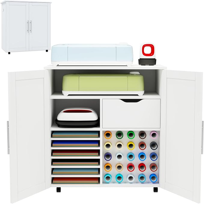 Craft Cart Cabinet Compatible with Cricut for Storage Organization, Rolling Craft Cabinet Table Stand Workstation with Vinyl Roll Holder with Wheels for Craft Room Organizer 31.6"W x 15.8"D x 33.7"H