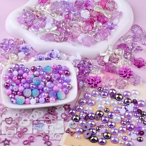 350 Pieces 3D Resin ABS Colorful Rose Flower Bows Butterfly Charms with Flatback Half Round Pearl Beads for Bracelet Earring Necklace Craft DIY Making Supplies