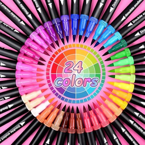 24 Colors Dual Markers Brush Pens, Art Markers Colored Pens for Adult Coloring Books, Brush and Fine Point Dual Tip Artist Colored Marker Set for Drawing Adult Coloring Hand Lettering
