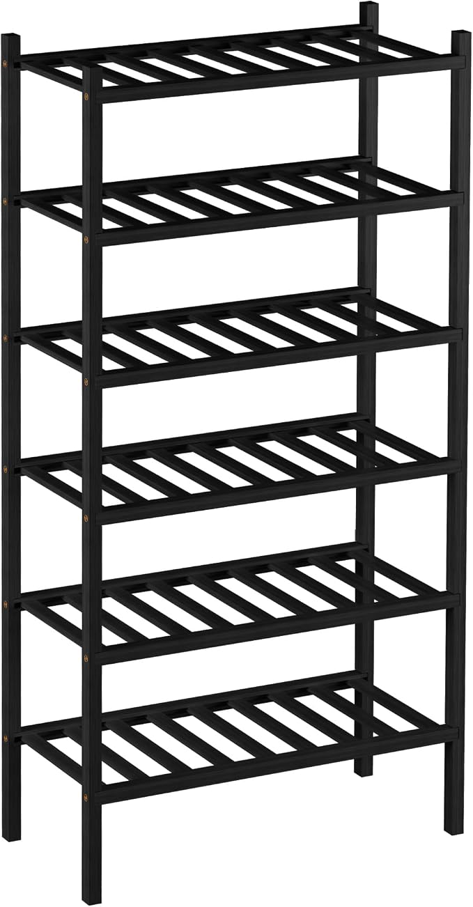 ROMGUAR CRAFT 6-Tier Bamboo Small Shoe Rack, Free Standing Wood Shoe Shelf Storage Organizer for Closet Entryway Stackable (Black)