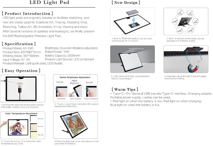 YINGWOND Wireless Rechargeable A3 LED Light Pad w/Built-in Foldable Stand, 3 Color Tone, 6 Levels of Brightness, Battery Powered Evenly Illuminated Light Box for Tracing Drawing and Diamond Painting