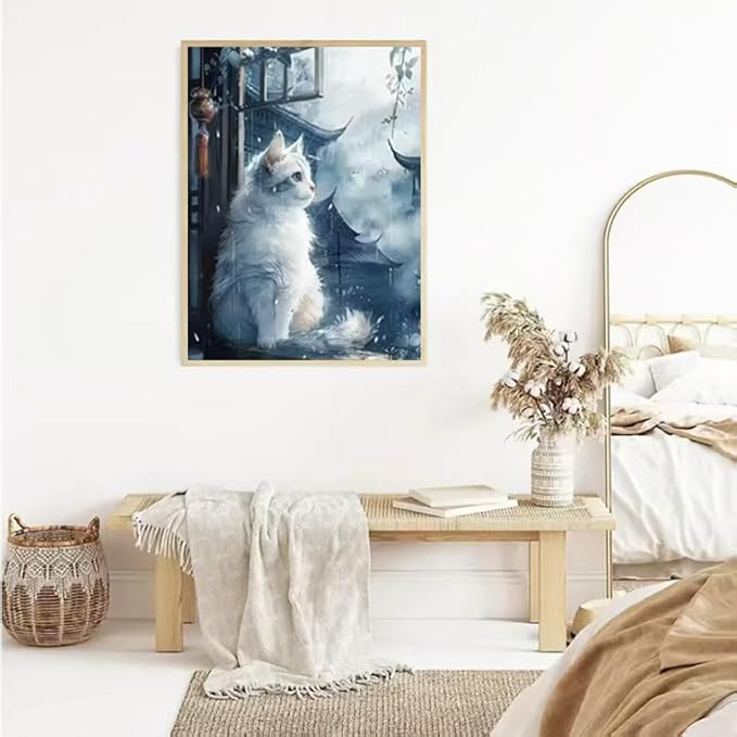 YUXUANKANG Diamond Painting Kit, White Cat by Window, 12x16 Inch, Resin Drills, DIY Craft Activity for Adults