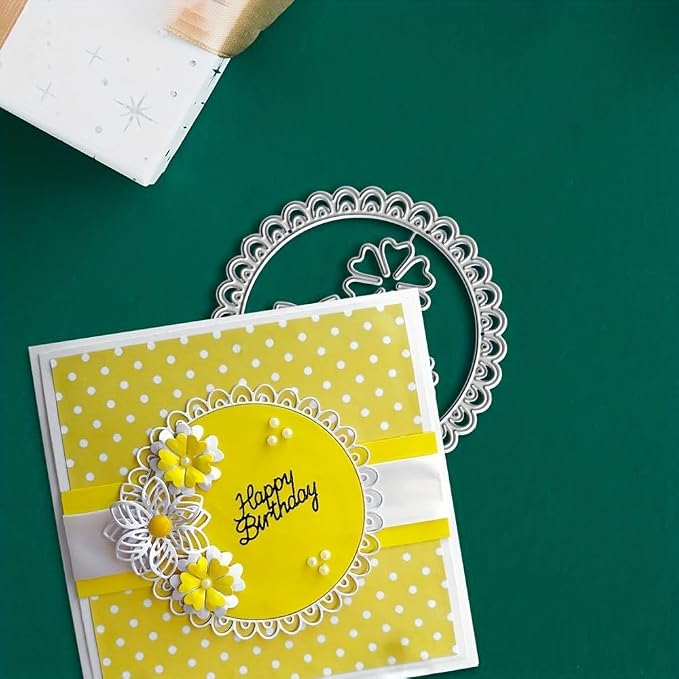 Lapoo Flowers Cutting Die for Scrapbooking - Durable Metal Cutting Die for DIY Scrapbook Photo Album Decorative Paper Card, Metal Card Making Supplies (Flowers and Round Border 3.9 x 3.9 in)