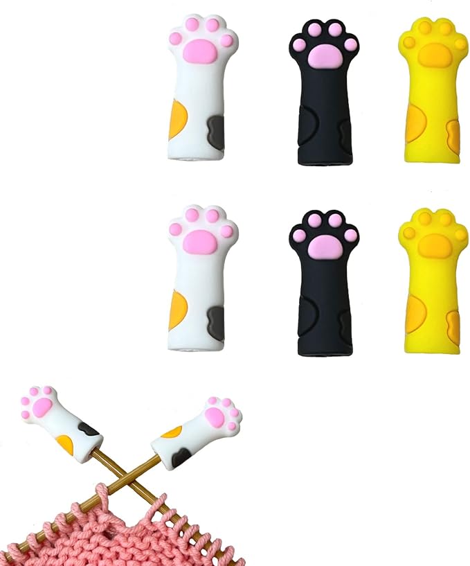 SPANSEE 6 PCS Stitch Stoppers for Small Knitting Needles, Knitting Accessories fit Sizes US 2.5-11 (3mm-8mm) Needles, Knitting Point Protectors, Knitting Needle Caps, Cat Paw Knitting Needle Stoppers