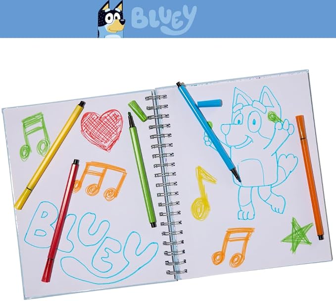 Bluey Sketchbook for Kids with Washable Markers, 86 Blank Pages Spiral Bound, Light Blue