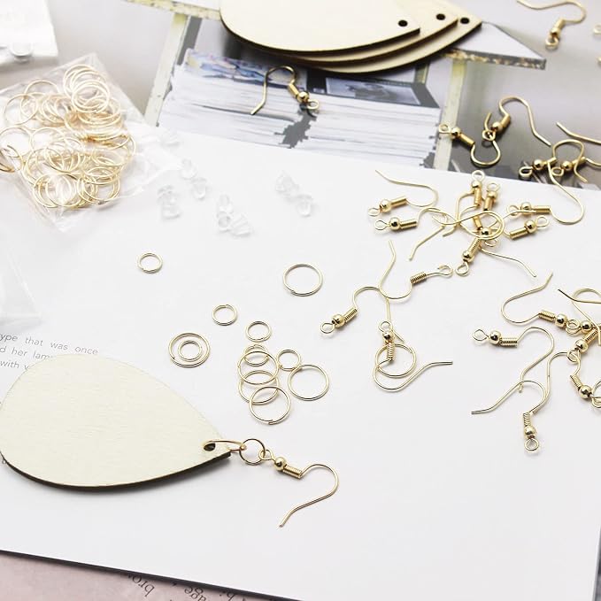 500 Pcs Unfinished Wooden Earrings, 100Pcs Blank Natural Wood Pendants100 Pcs Earring Hooks, 200 Pcs Jump Rings and 100 Pcs Earrings Backs for Jewelry DIY Craft Making