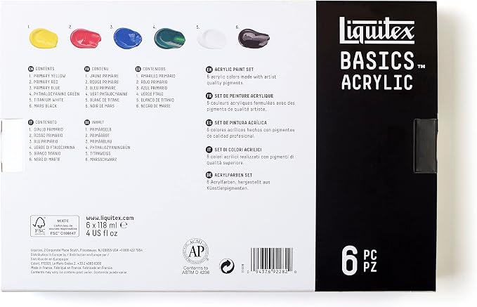 Liquitex BASICS Acrylic Paint Set, 6 x 118ml (4-oz) Tube Paint Set | Medium Viscosity, Satin Finish, Lightfast, Fine Art Pigments, Range of Opacities, Easy Blending
