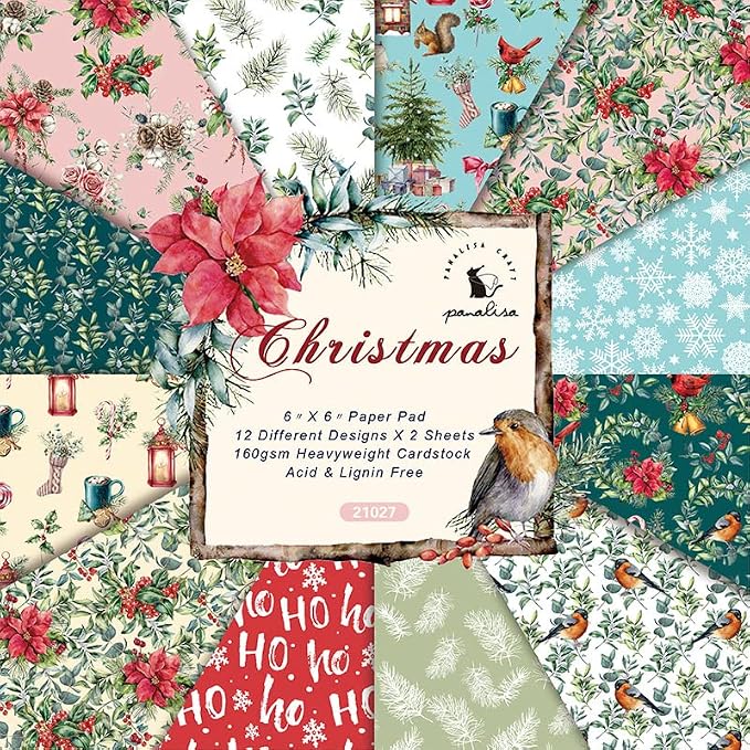 Christmas Pattern Scrapbook Paper, 6 Inch Card Production Supplies, 24 Sheets Single Sided Acid-Free Cardstock Greeting Card, Handmade Gift Journaling Craft Kits (D-style)