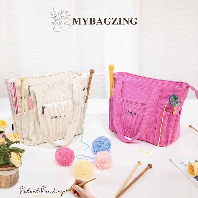 MYBAGZING Crochet Bag and Tote - Corduroy Yarn Bag - Yarn Holder for Crocheting - Crochet Storage Bag for Crochet Hooks, Crochet Accessories, Knitting Bag for Crochet Lovers, Mom Gift