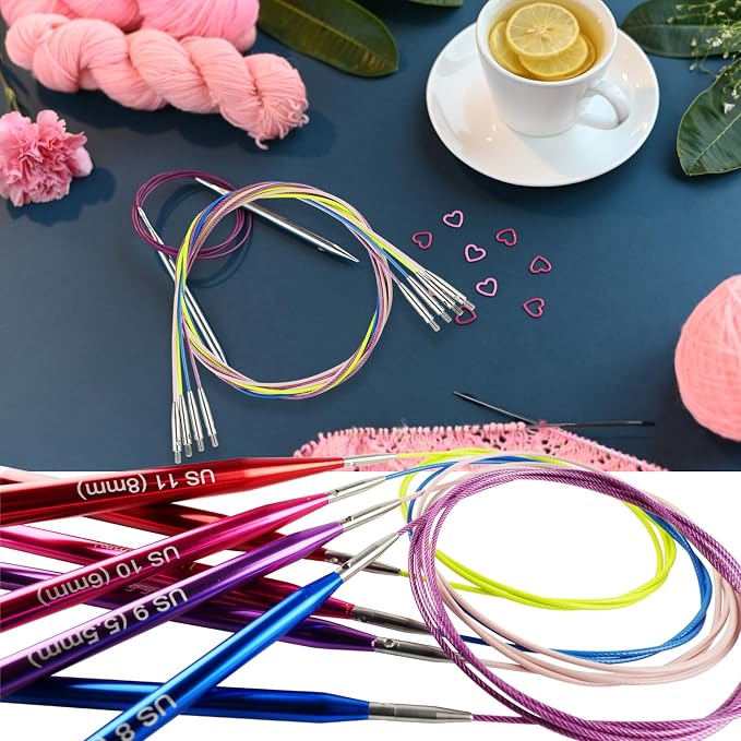Svartur Interchangeable Circular Knitting Needles Set, with Multicolored Circular Knitting Needles and Cables, Accessories and Knitting Needle Storage Case, 9 Pairs