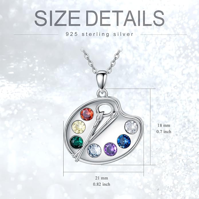 Artist Paint Palette and Brush Necklace - 925 Sterling Silver Pigment Pendant, Colorful Painters Charm, Future Artist Jewelry Gifts for Women