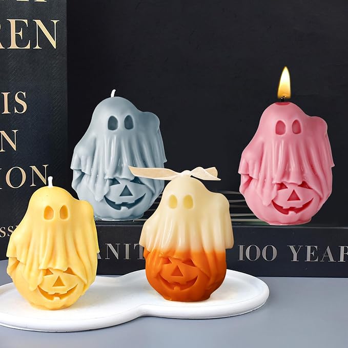 Halloween Molds, Little Ghost Stepping on Pumpkin Candle Molds | 3D Halloween Pumpkin Silicone Mold for Candle Making, Epoxy Resin Casting, Handmade Soap, DIY Crafting Gift Home Decor