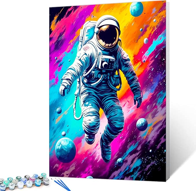 Planet Astronaut on Galaxy Paint by Bumbers for Adults Graffiti Outer Space DIY Paint by Numbers Acrylic Paint Canvas Kitchen Decor Planet Pop Art Painting Kits Pop Decor 16x20 Inch(without Frame )