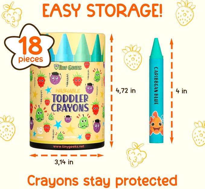 TinyGeeks Jumbo Crayons (18 Colors) ā Non-Toxic, Washable Crayons for Toddlers and Kids (Ages 1-8) ā Easy-to-Hold - Ideal for Travel, Art, and Learning