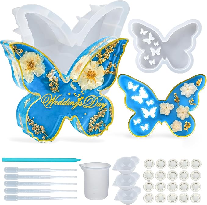 Extra Deep Resin Butterfly Molds Silicone, 2 pcs Silicone Molds for Resin | Set of Large + Small Epoxy Butterfly Molds for Flower Preservation Bookends