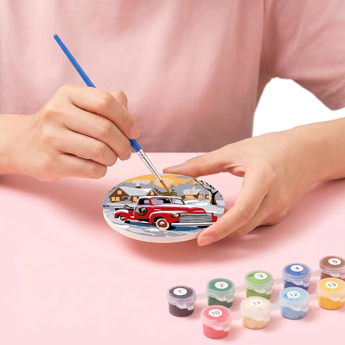 8 Pack All Season Paint by Numbers Kits Coasters with Holder Cork Pads | Truck Paint by Number Kits for Adults Simple Round Oil Painting Coaster for Small DIY Craft Holiday Birthday Gift 3.9x3.9in