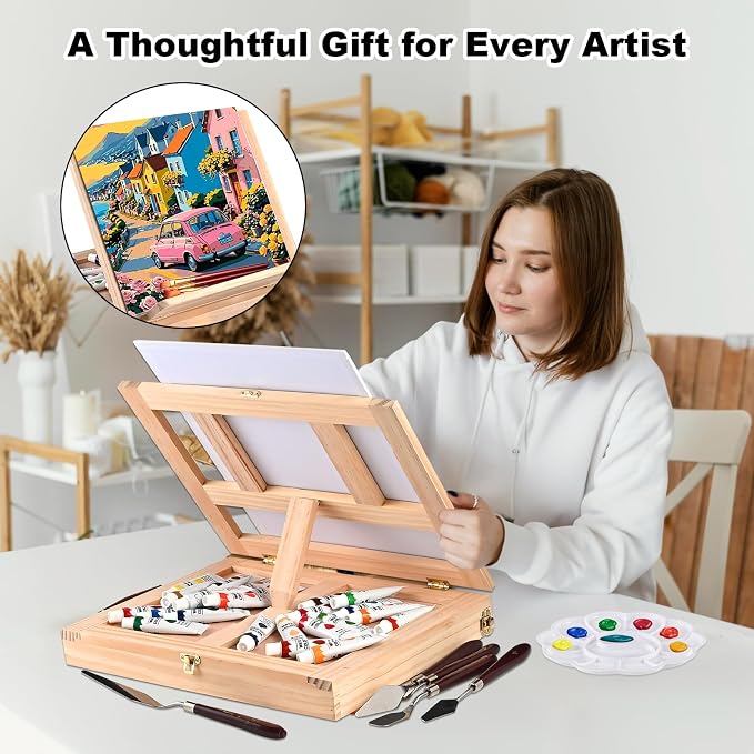 Goldge 140-Piece All-in-One Painting Kit with Tabletop Wood Easel Box | 72-Color Acrylic Watercolor Oil Paint Set, Canvases, 41 Paintbrushes & Art Supplies for Adults, Artists & Beginners