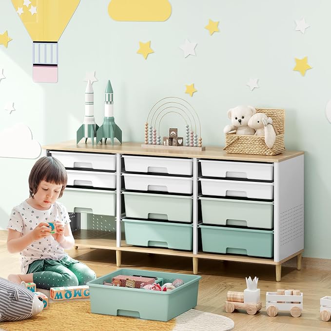 TOOLF 12 Drawers Storage Cabinet with Wooden Top and Plastic Bins,Green | Toy Shelf Storage Chest Cubby Organizer, for Home, Office, Playroom, Classroom & Craft Room