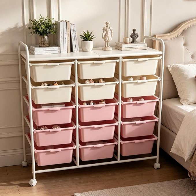 15-Drawer Rolling Storage Cart with Wheels, 2-Color Plastic Drawer Cart | Mobile Organizer Cart, Utility Storage Trolley for Office, Living Room, Craft Room, Bathroom, and Home Organization