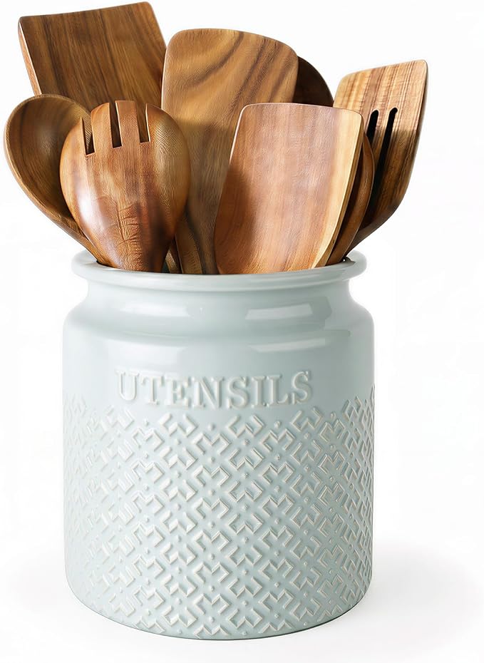DOWAN 7.2" Large Ceramic Utensil Holder for Kitchen Countertop, Light Blue