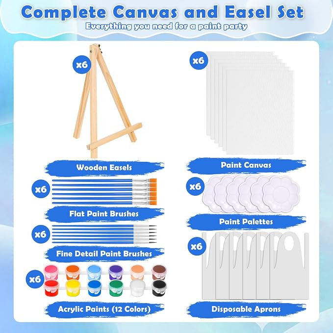 6 Pack Paint and Sip Kit for Adults Girls Night, 8x10In Canvas Painting Kit | Flat Canva Boards with Easel Stands, Mini Acrylic Paint, Brushes, Paint Party Supplies, Date Night Painting Kit for Couples